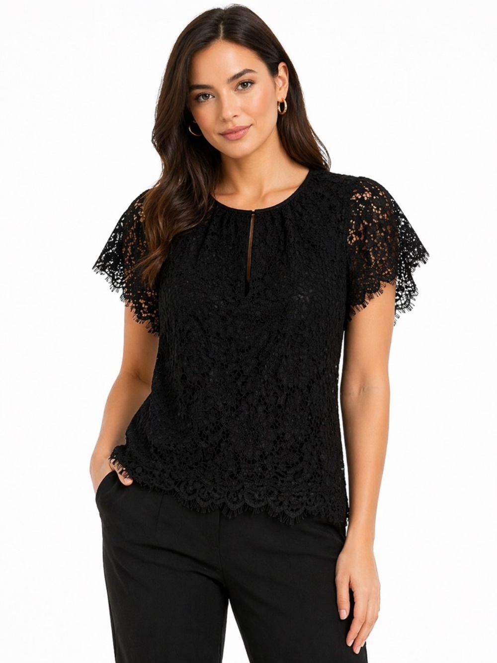 J. CREW Lace Blouse XS‎ NWT Flutter Sleeve Sheer Overlay Line Top Keyhole